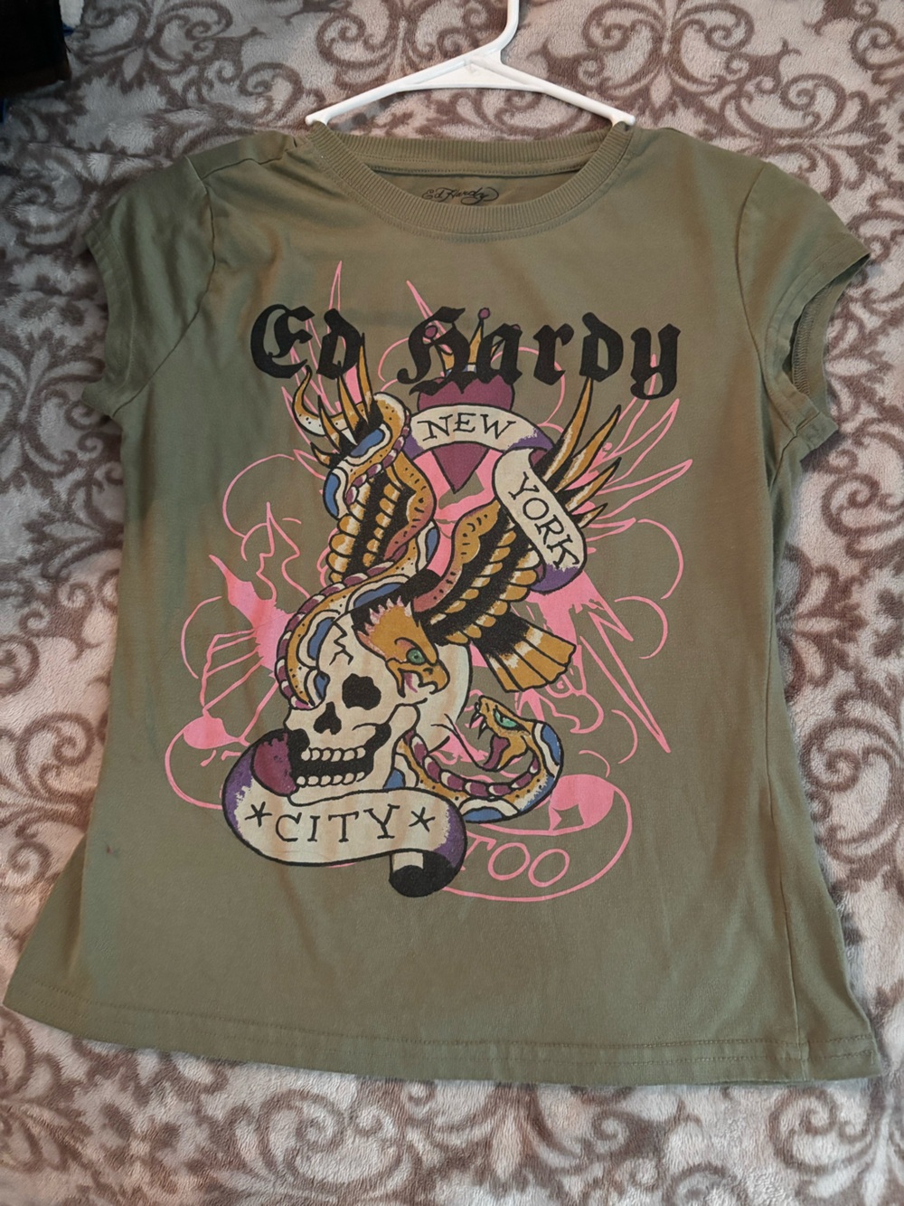 Ed Hardy Olive Graphic Skull Tee - Pink Accent